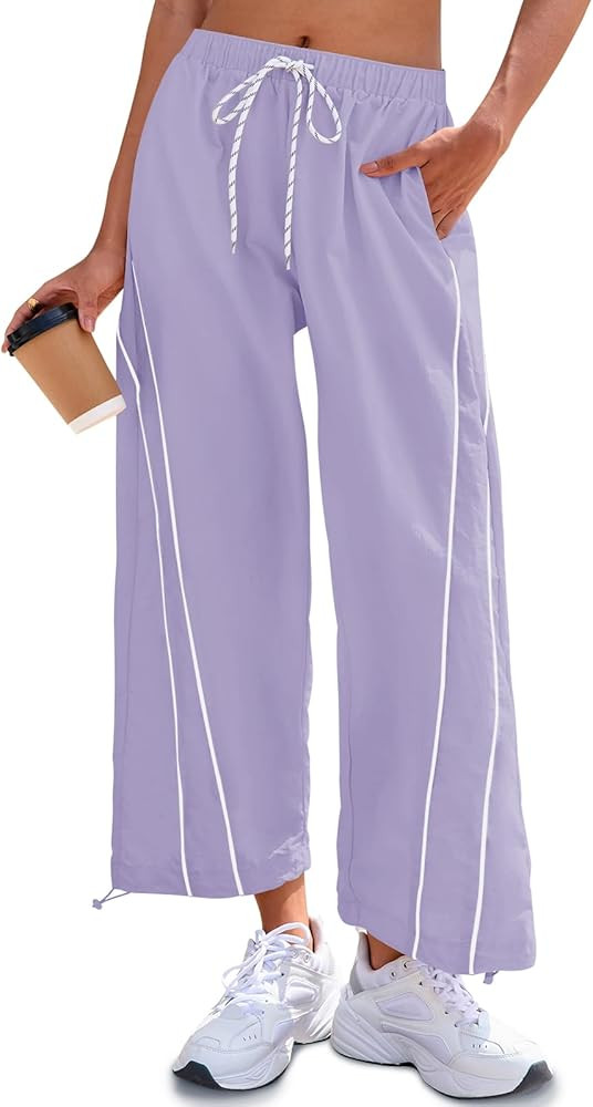 Fisoew Womens Baggy Wide Leg Pants Casual Elastic Waist Drawstring Hiking Workout Cropped Track P... | Amazon (US)