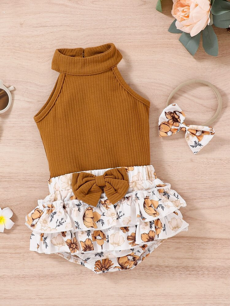 Baby Halter Top & Floral Print Layered Hem Skort & Headband | SHEIN