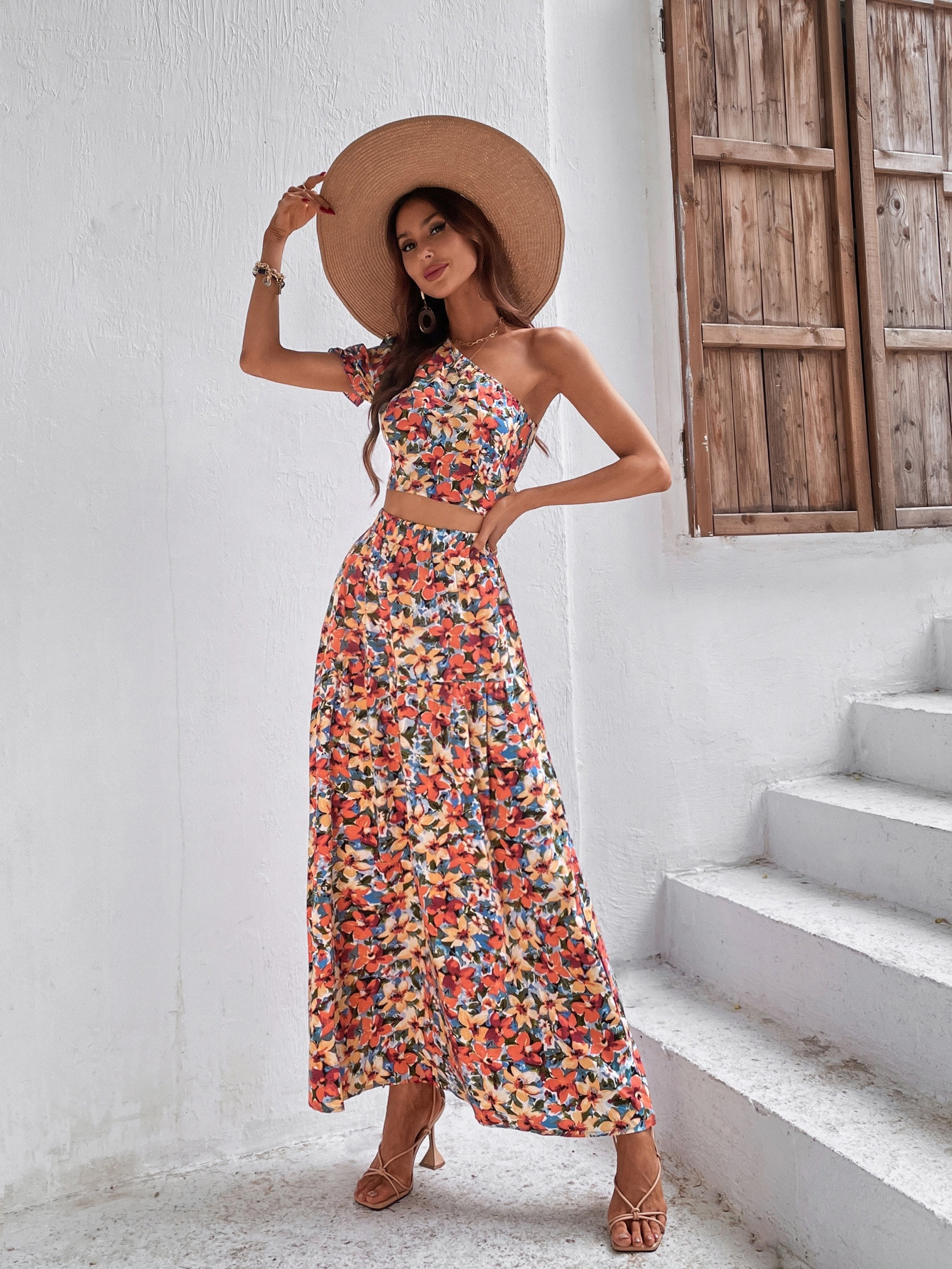 Allover Floral Print One Shoulder Blouse & Skirt | SHEIN