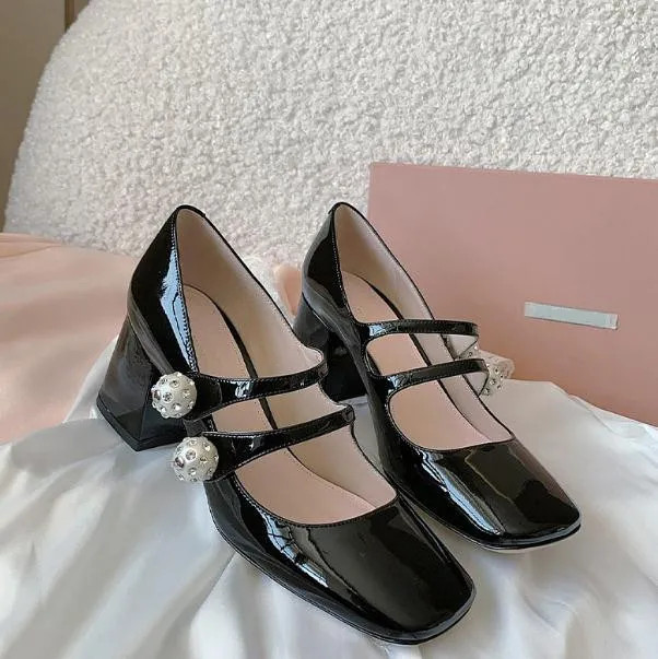 Miu Vintage Mary Jane Shoes Women's Chunky Heel Leather Shoe Square Toe Pumps Female Pearls Casua... | DHGate