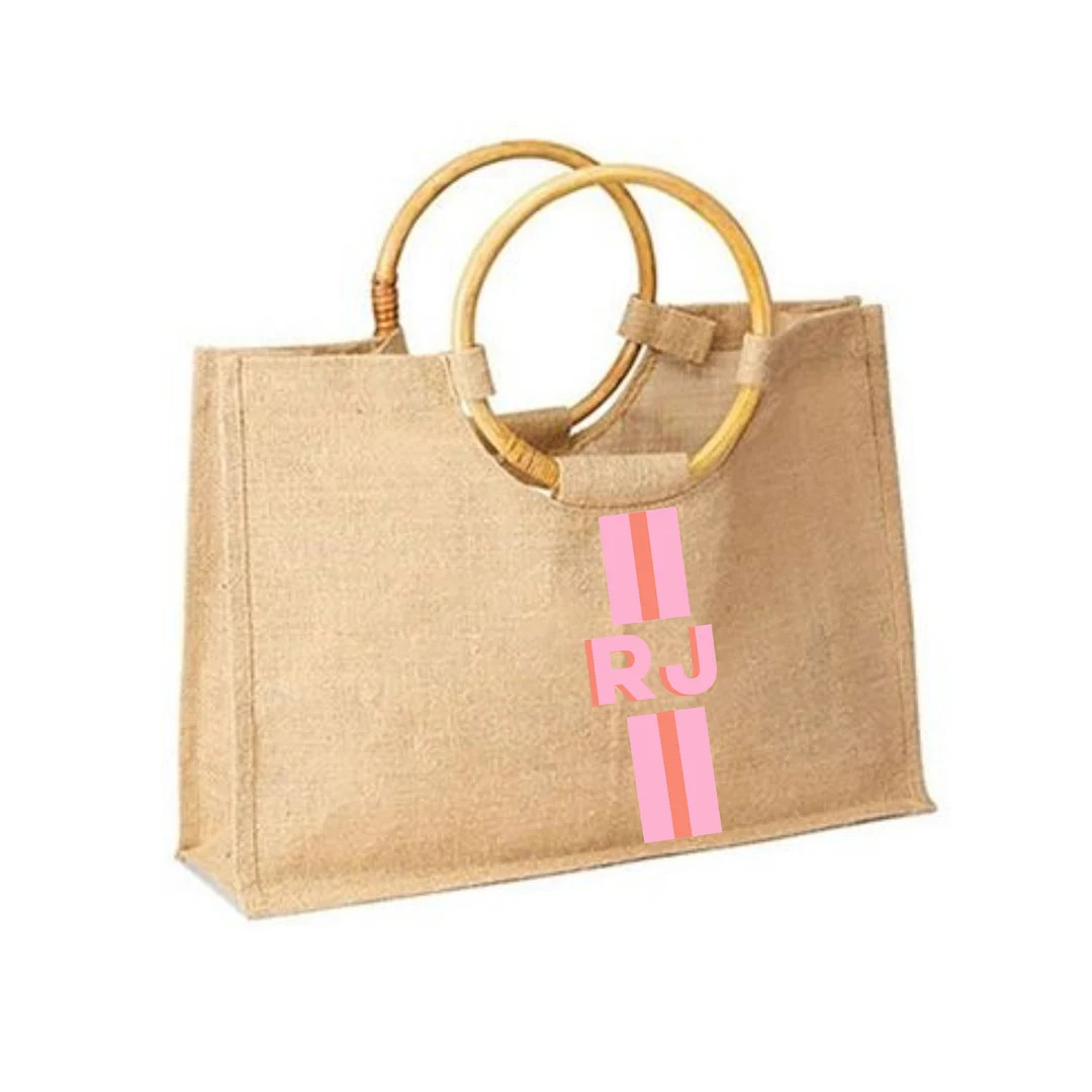 Striped Shadow Monogram Bamboo Jute Carryall - Etsy | Etsy (US)