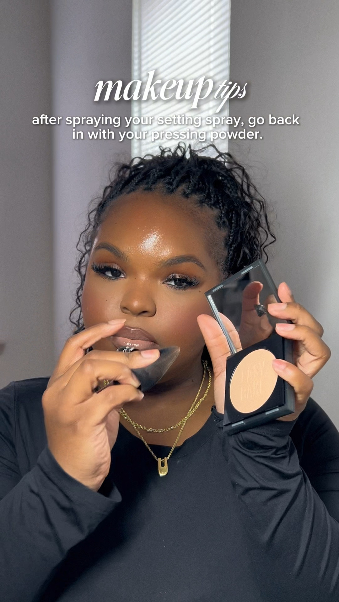 Hello everyone! I wanted to share a makeup tip. Once I’m done with my make up, I like to spray my setting spray (I let it sit for a few seconds) then I lightly tap on my pressing powder (Underneath my eye). This gets rid of any harsh lines and gives an airbrush finish. 

#LTKBeauty