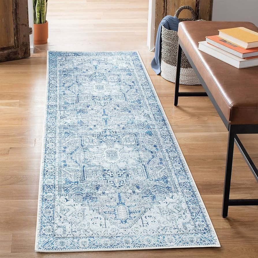 Bloom Rugs Washable Non-Slip 10 ft Runner - Blue/Gray Traditional Runner for Entryway, Hallway, B... | Amazon (US)