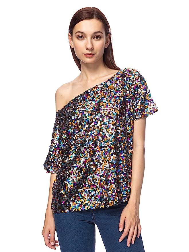 ANNA-KACI Womens Short Sleeve One Shoulder Sexy Sequin Top Blouse | Amazon (US)