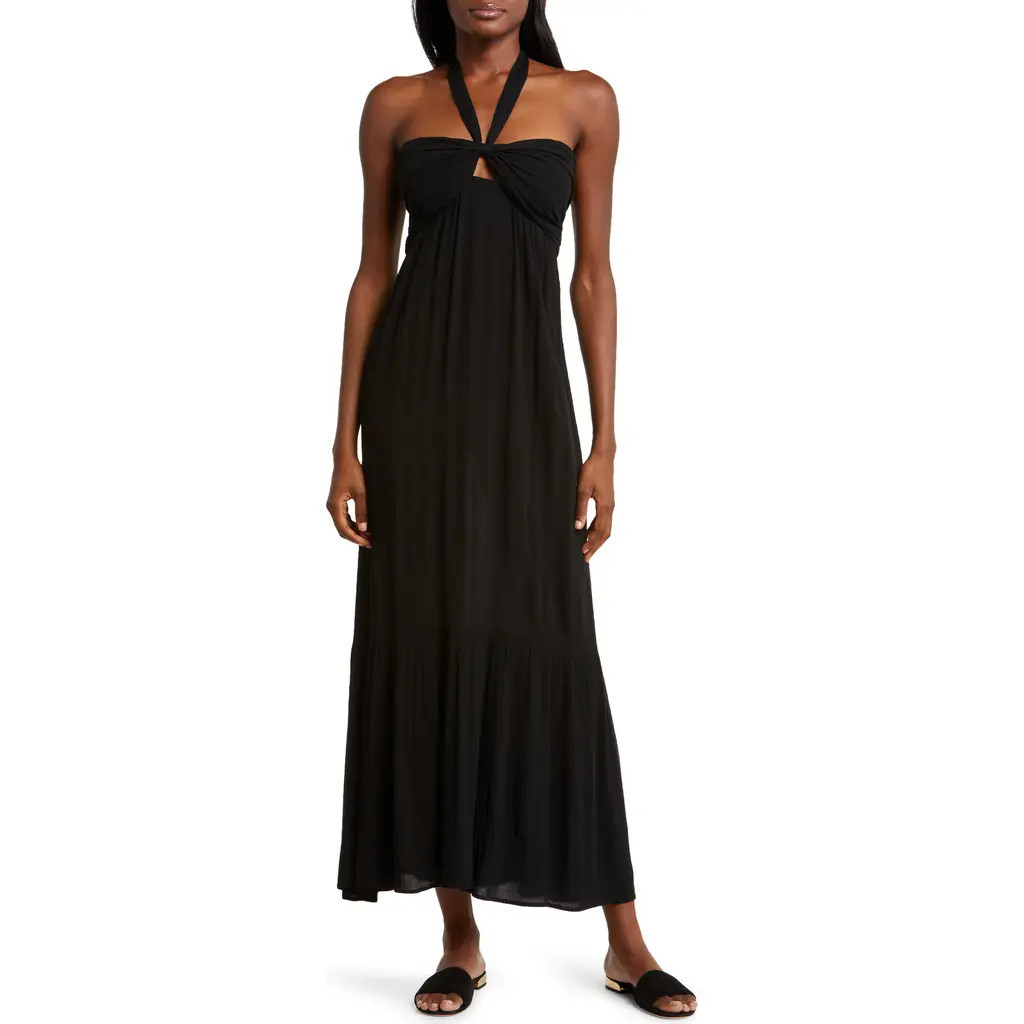 Elan Tiered Halter Maxi Cover-Up Dress in Black at Nordstrom, Size X-Large | Nordstrom