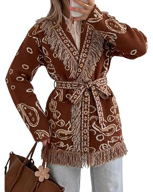 Tankaneo Womens Fringe Cardigan Long Sleeve Paisley Sweaters with Belt | Amazon (US)