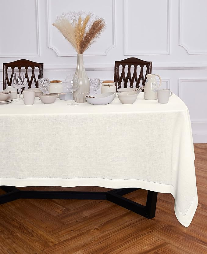 Solino Home Linen Ivory Tablecloth 70 x 90 Inch - Sonoma Hemstitch, 100% Pure Linen Rectangular T... | Amazon (US)