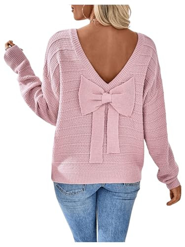 GORGLITTER Women's Bow Open Back Sweater Long Sleeve Knit Coquette Fall Pullover Tops Pink Large | Amazon (US)