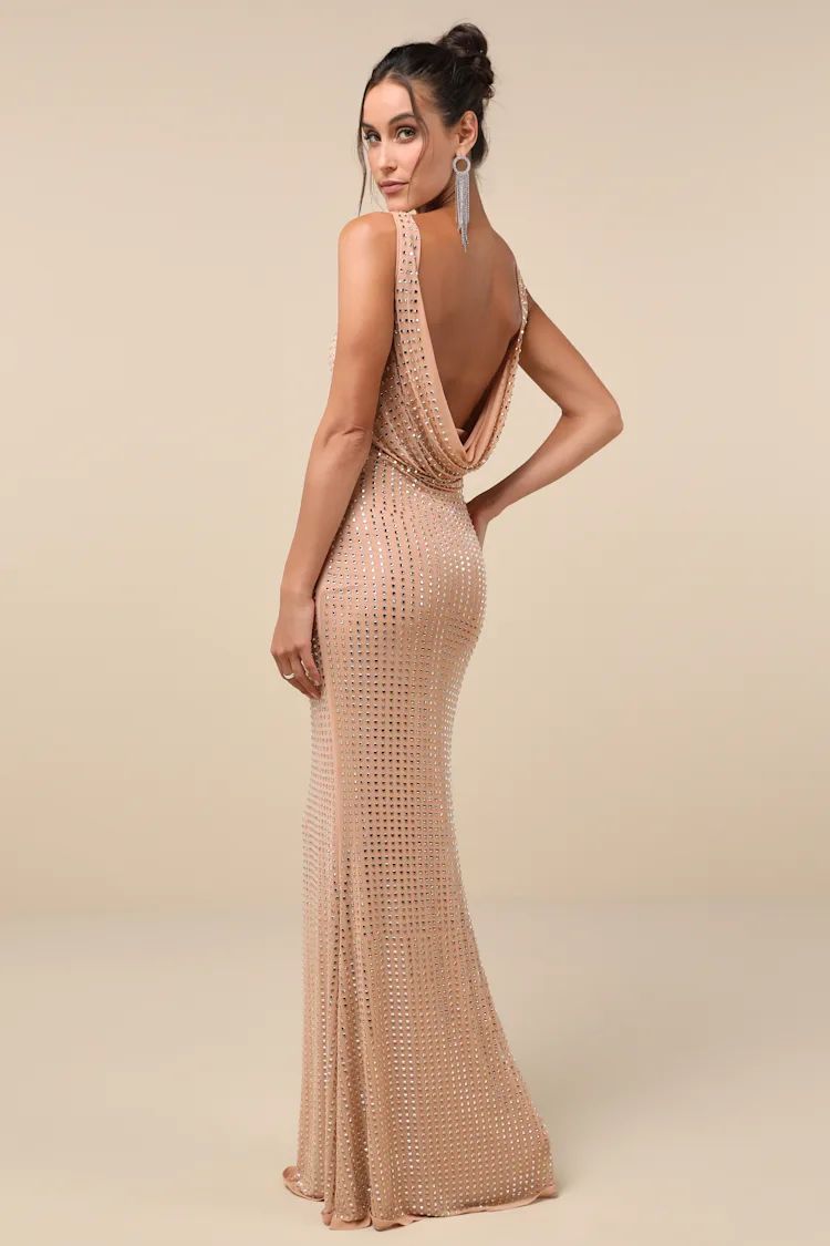 Dazzling Finesse Tan Mesh Rhinestone Cowl Back Maxi Dress | Lulus