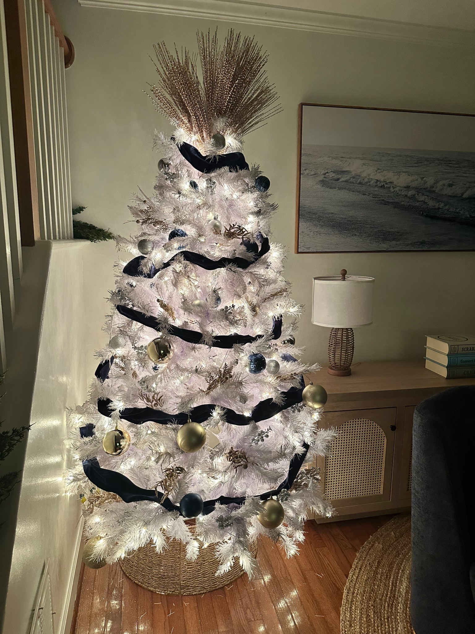White Christmas tree
Navy and champagne decor
Ribbon
Tree topper
Christmas tree ornaments

#LTKHoliday #LTKHome