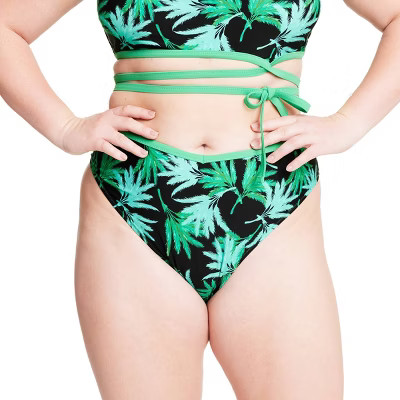 Women's Feathered Palm Print High Leg Cheeky Bikini Bottom - Fe Noel x Target Black/Green | Target