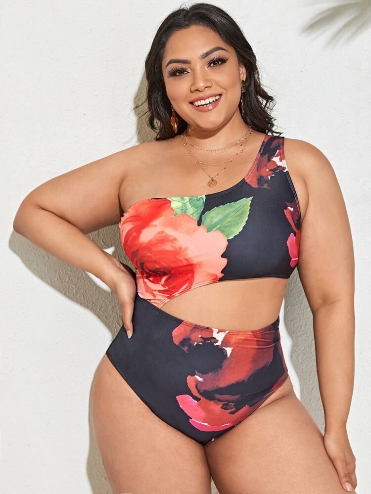 Plus Floral Cut-out One Shoulder One Piece Swimsuit | SHEIN