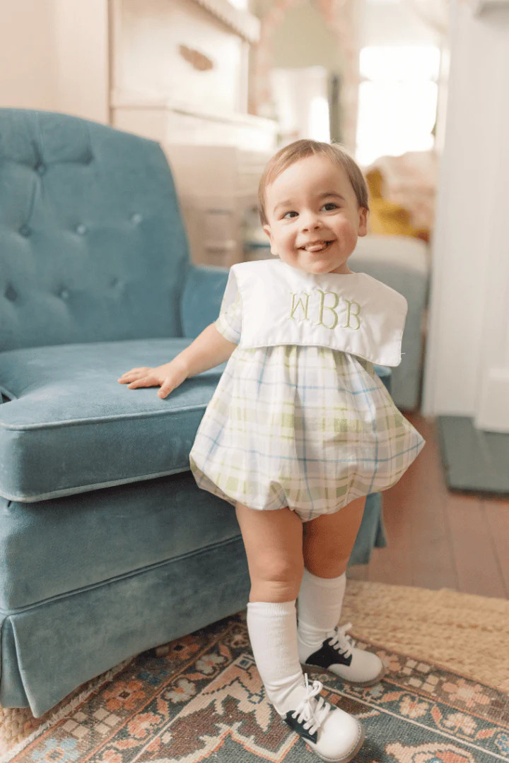 TSF x Shelby Back Blue and Green Plaid Bib Bubble | The Smocked Flamingo