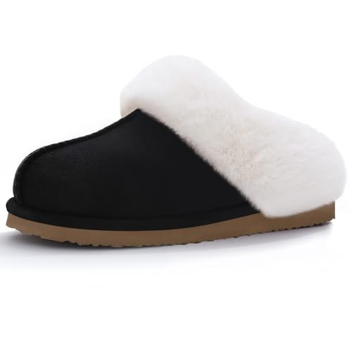 Litfun Fuzzy House Slippers for Women Fluffy Memory Foam Suede Slippers with Faux Fur Collar Indoor Outdoor, Black, Size 4.5-5.5 | Amazon (US)