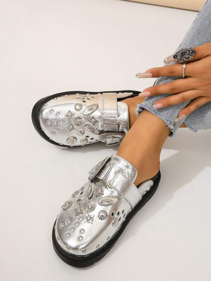 Women's Wedge & Platform Mules With Metallic Rhinestone Decorated Flat Sole Shoes | SHEIN