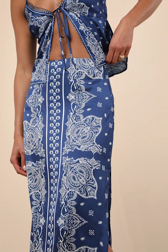 Calypso Blue Banadana Print Satin Midi Skirt | Lulus
