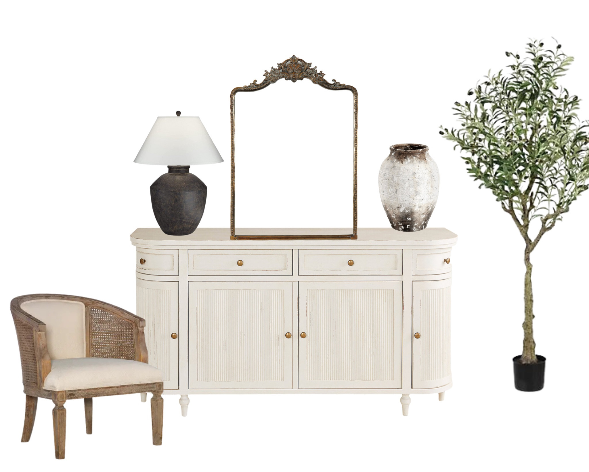 The coziest corner of our living room. Anthropologie mirror dupe, faux olive tree, cabinet, vase, lamp. #livingroom #livingroomdesign #cozyvibes #contemporarydecor #ranchhouse 

#LTKhome #LTKstyletip #LTKfamily