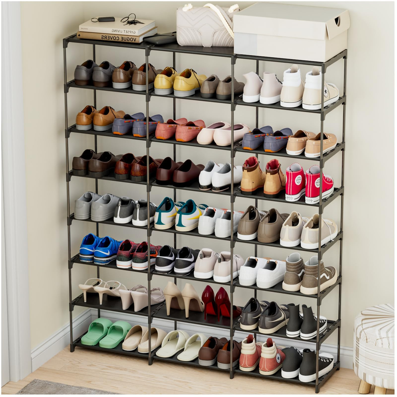 Large Shoe Rack 3 Row 8 Tier 40-60 Pairs Shoes Boots with Plastic Plate Home Sturdy Storage Organ... | Amazon (US)