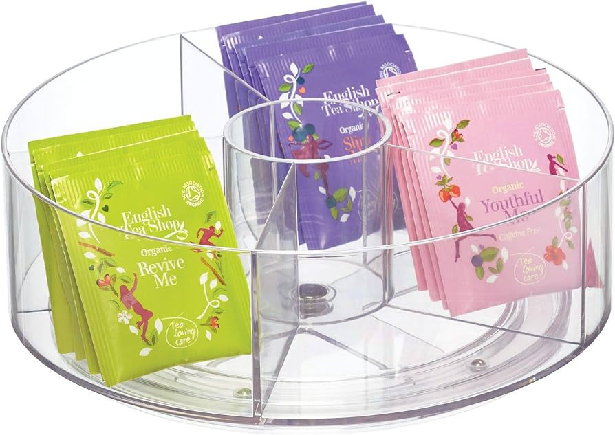 iDesign Cabinet Binz Divided Rotating Turntable Tea Packet Organizer, 9" x 9" x 3.01", Clear | Amazon (US)