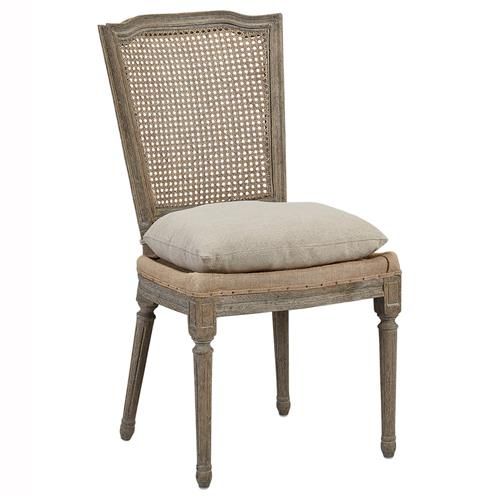 Emberly French Beige Cushion Grey Pine Wood Cane Burlap Nailhead Side Chair | Kathy Kuo Home