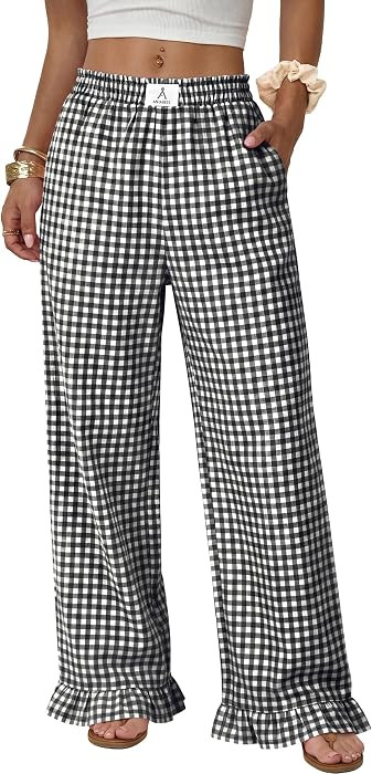 ANRABESS Womens Gingham Striped Ruffle Hem Pants | Amazon (US)