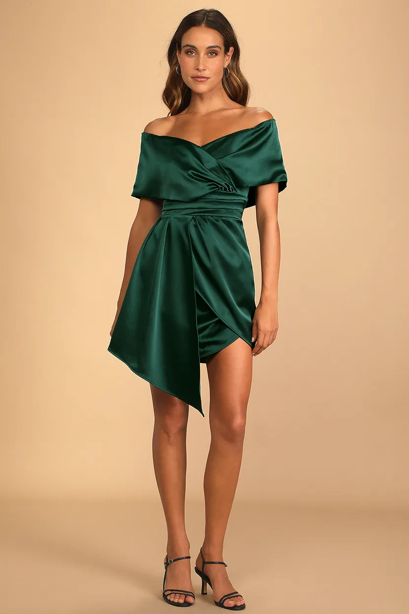 Always Celebrating Dark Green Satin Off-the-Shoulder Mini Dress | Lulus (US)