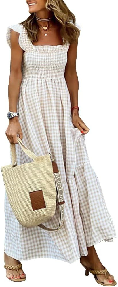 Sleeveless Maxi Dress for Women Gingham Dress Plaid Dress Scoop Neck Smocked Dress High Waist Flo... | Amazon (US)