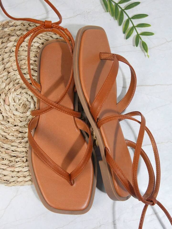 SHUZIA Lace-Up Gladiator Thong Flat Sandals Summer Shoes Spring Shoes Spring Break Easter Vacatio... | SHEIN