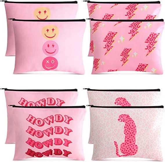8 Pieces Large Preppy Makeup Bag Large Smile Lightning Portable Cosmetic Bag Hot Pink Leopard Mak... | Amazon (US)