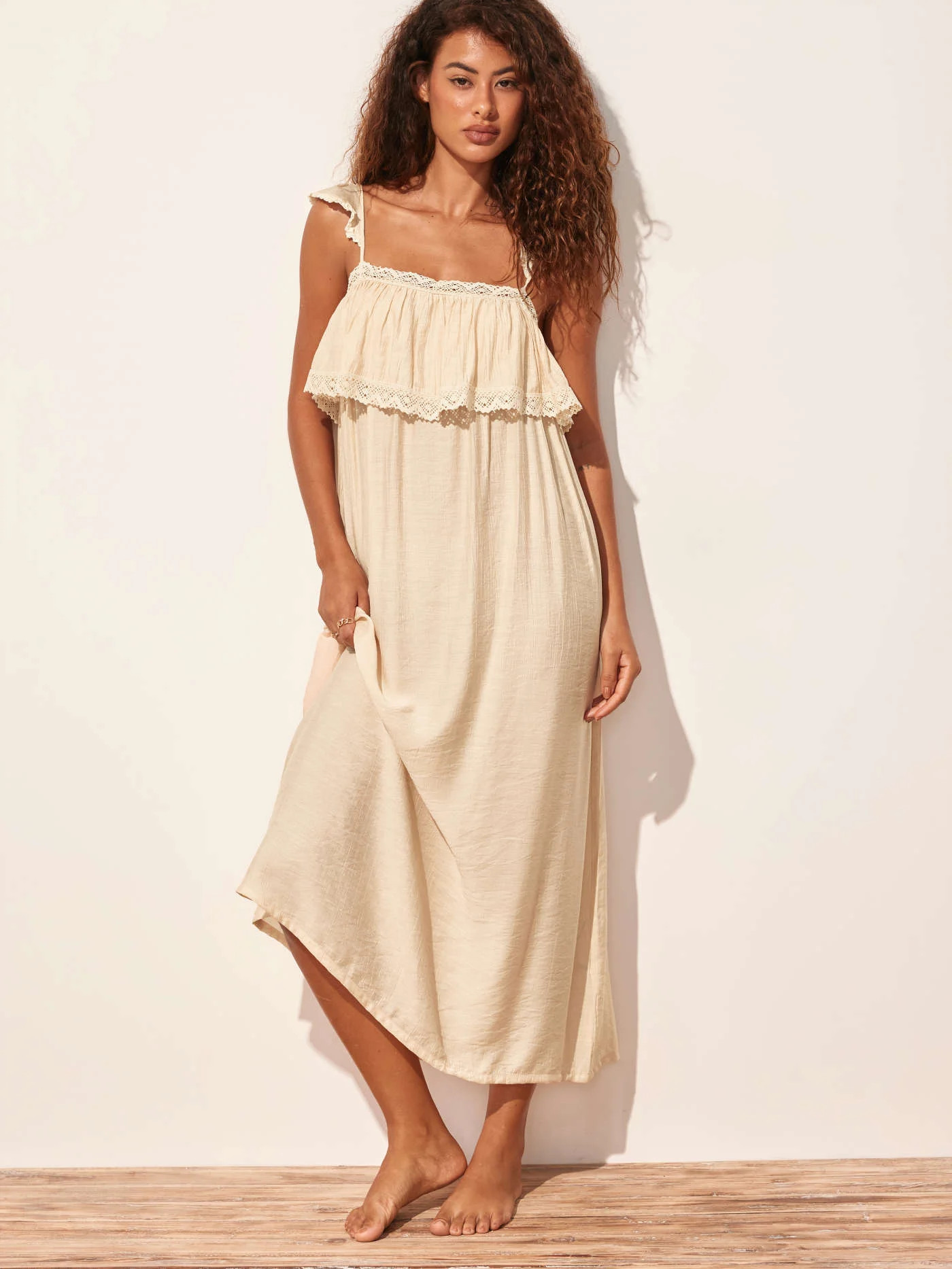 Textured Square Neck Lace Trim Ruffle Maxi Nightdress | Cider