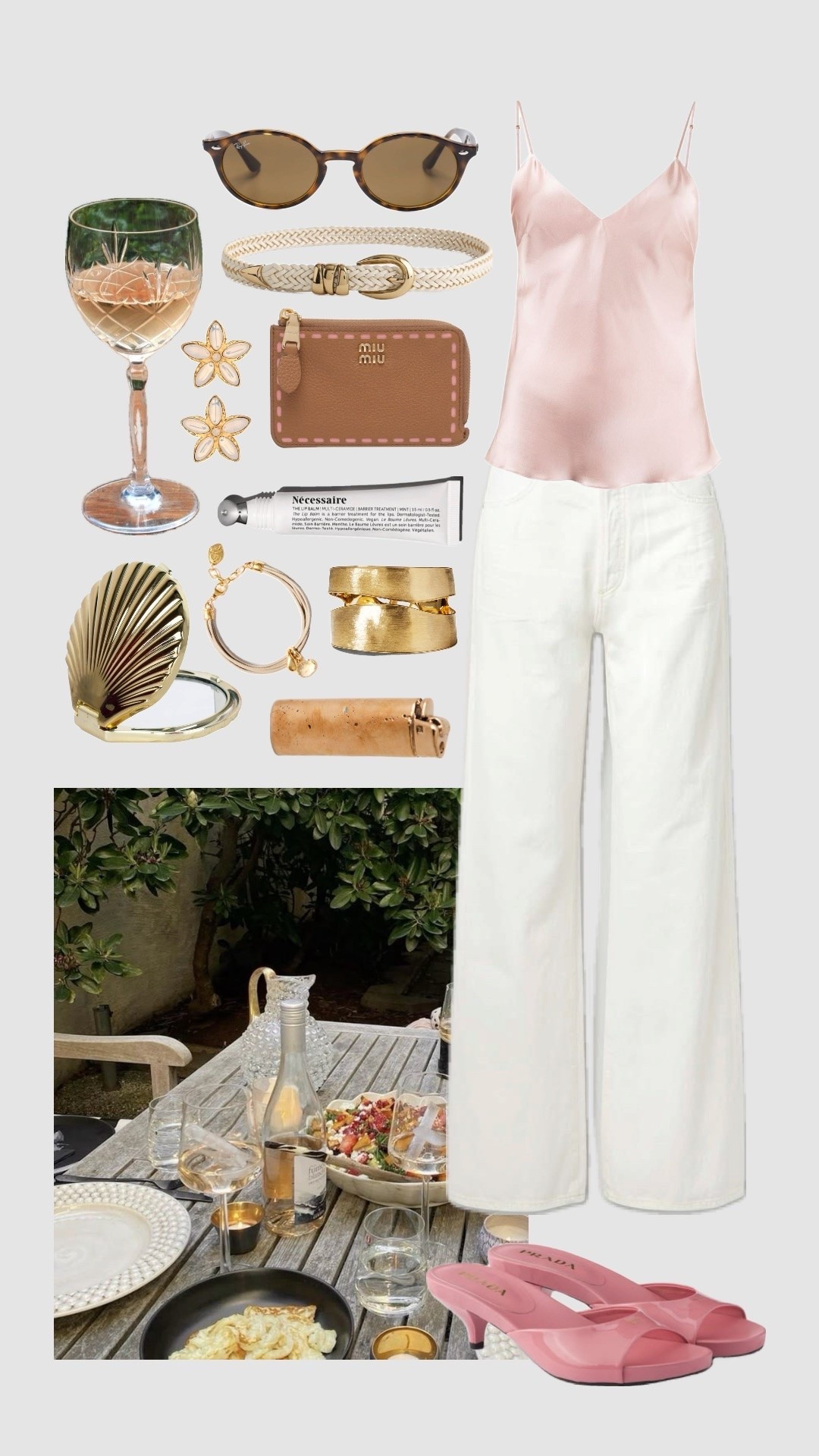 Bracelet: Chan Luu - Serpentine cord bracelet |
Cuff: Neiman Marcus - gold cuff | 
Lighter: Garza Marfa - Nancy Pearce Bronze Lighter | 
Earrings: Oscar de la Renta - Floral cabochon stud earrings | 
Top: Editorialist - Gilda & pearl sophia stretch-silk camisol |