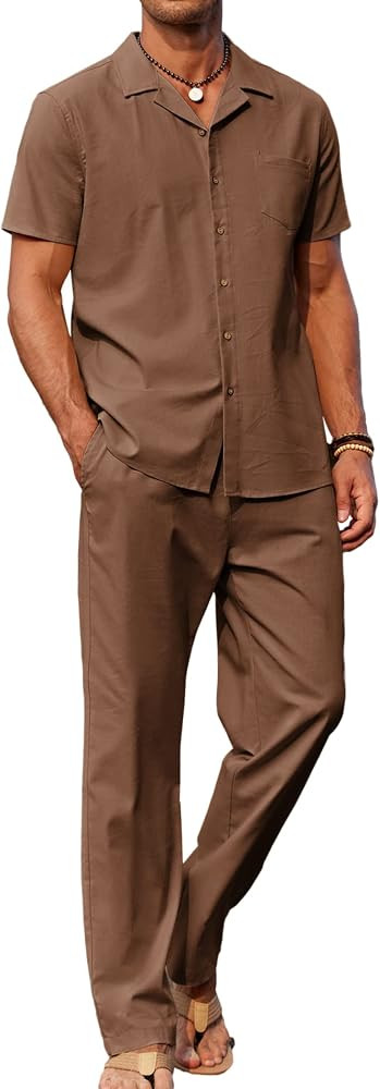 COOFANDY Men 2 Piece Linen Outfit Beach Button Down Shirt Casual Loose Pant Sets | Amazon (US)