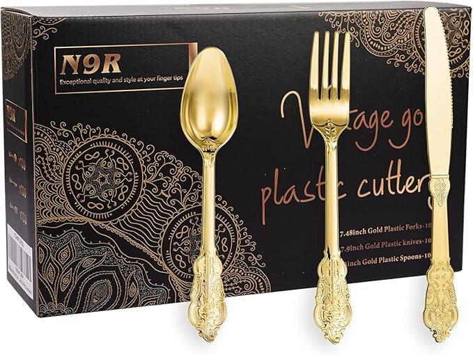 N9R 300pcs Gold Plastic Silverware Dinnerware Flatware- Heavyweight Gold Plastic Cutlery Set, 100... | Amazon (US)