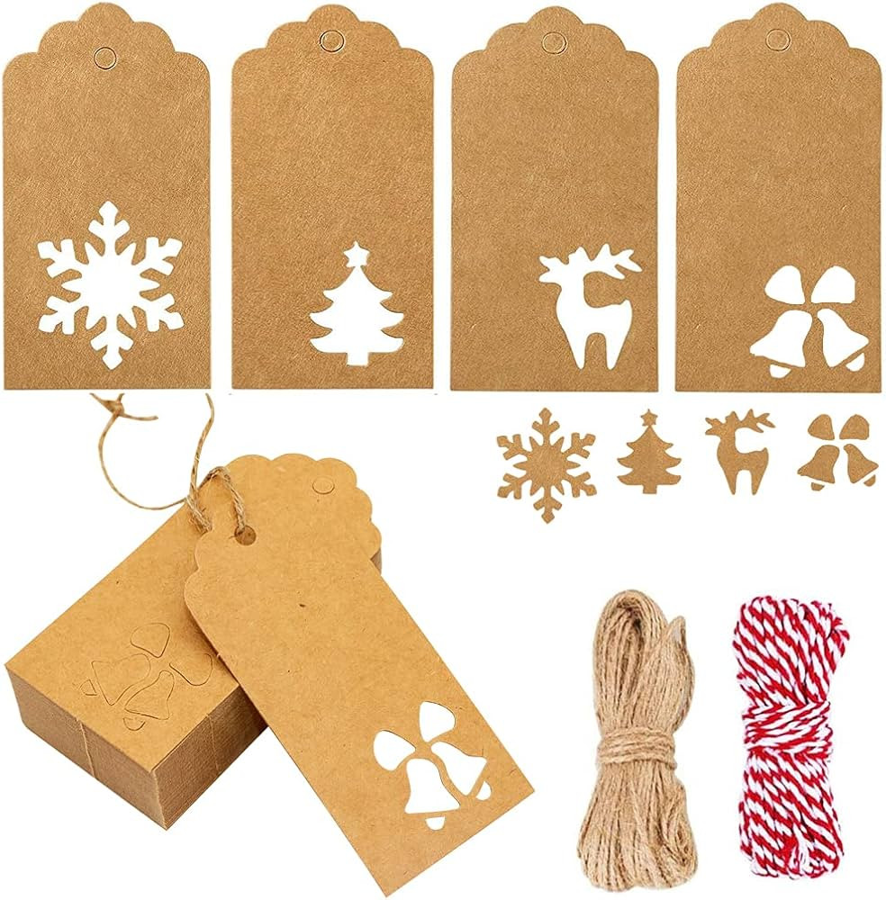 120PCS Christmas Gift Tags Brown Kraft Paper Gift Tags Snowflake Reindeer Xmas Hanging Labels Tag... | Amazon (US)