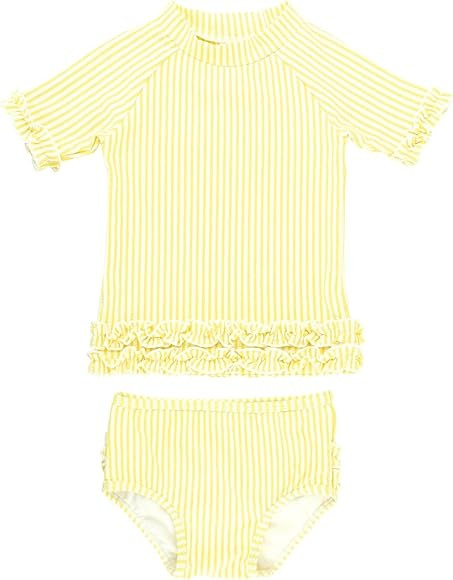 RuffleButts® Baby/Toddler Girls Rash Guard Short Sleeve 2-Piece Swimsuit Set - Polka Dot Bikini with | Amazon (US)