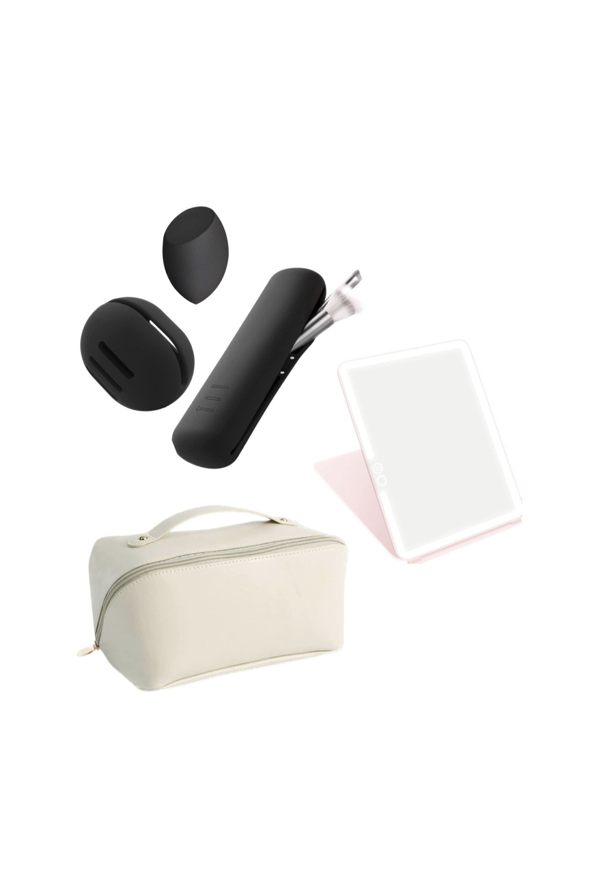 Makeup storage for your summer traveling! Silicone cases for your makeup brushes & beauty blender, a foldable LED light makeup mirror, & large makeup bag!🫶🏼

#LTKSeasonal #LTKFind #LTKtravel