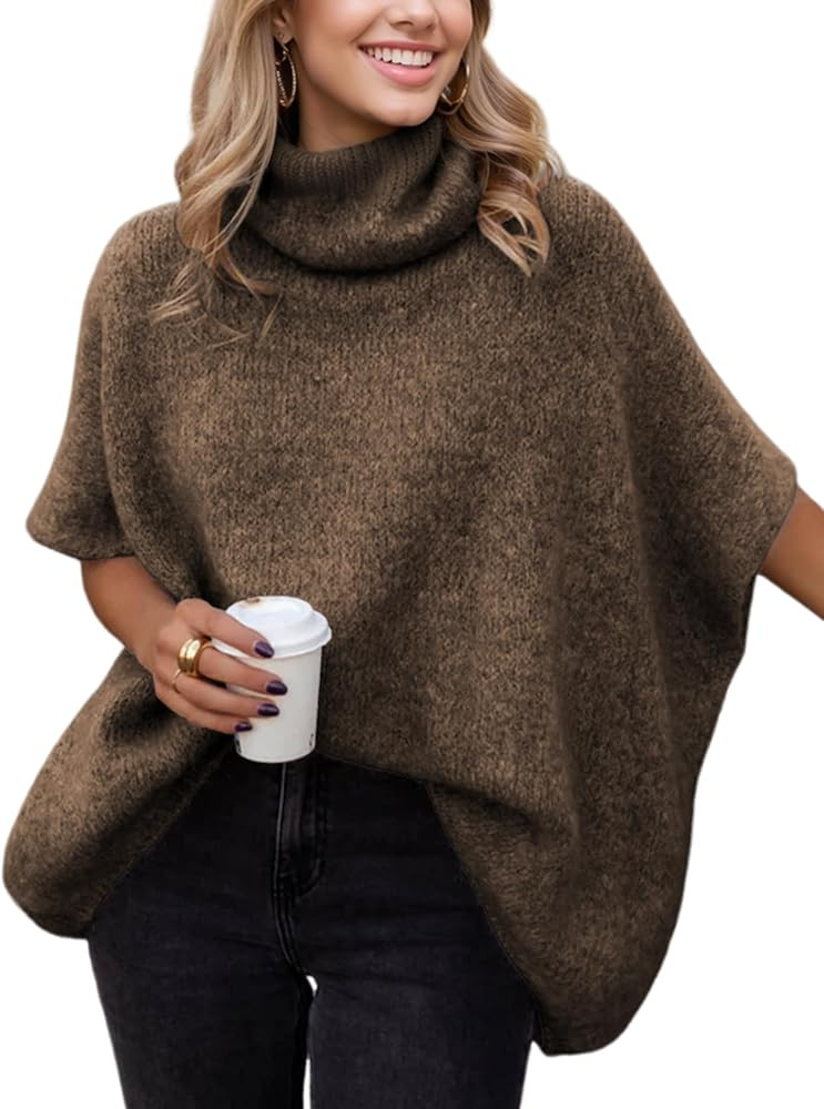 Womens Turtleneck Batwing Sleeve Sweater Knitted Oversized Chunky Short Dolman Tops | Amazon (US)