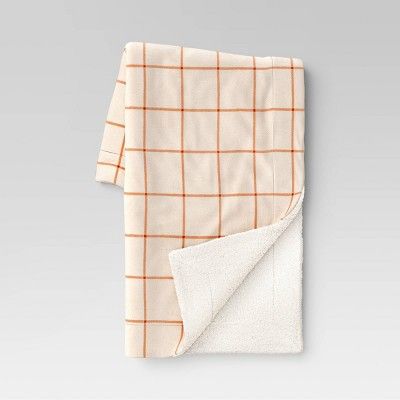 Windowpane Printed Plush Throw Blanket with Faux Shearing Ivory/Orange - Threshold&#8482; | Target