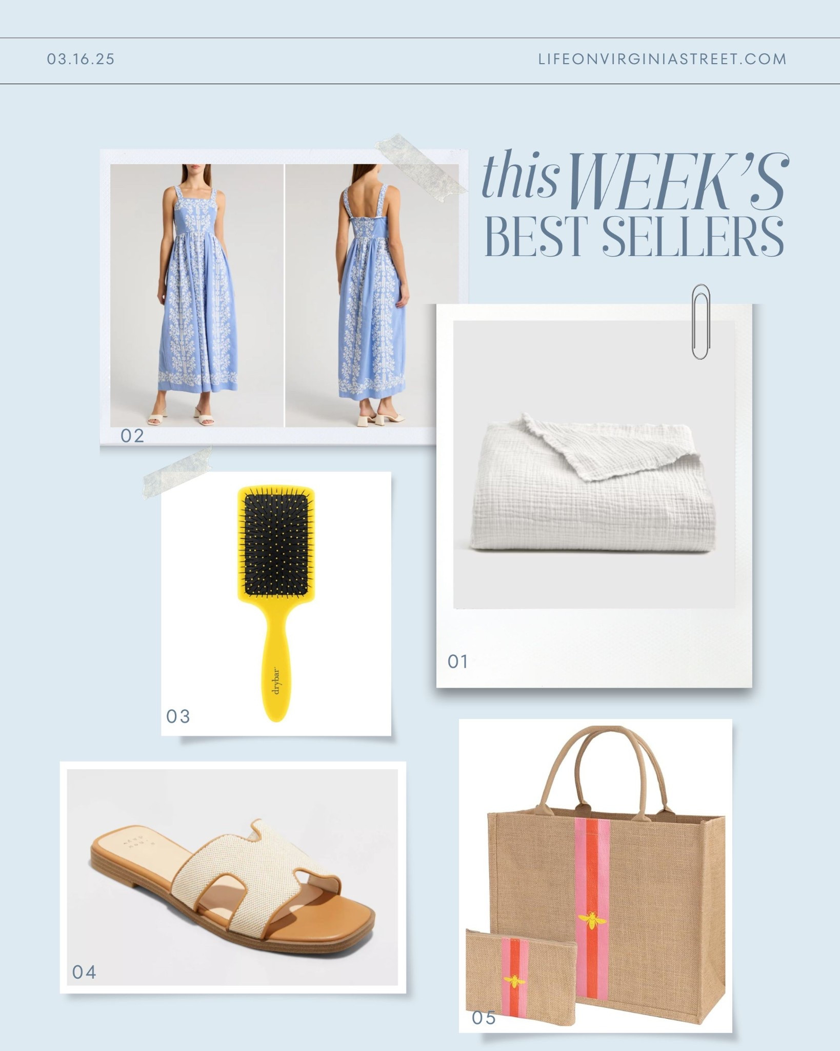 This week’s bestsellers include the coziest gauze blanket, a beautiful embroidered blue sundress that’s perfect for vacation, my favorite paddle brush, affordable slide sandals I own and love (for the to size) and the cutest preppy stripe bumblebee tote! #ltkhome #ltkbeauty #ltkitbag #ltkseasonal #ltkfindsunder50 #ltkfindsunder100 #ltkstyletip #ltksalealert

#LTKHome #LTKSeasonal #LTKSaleAlert