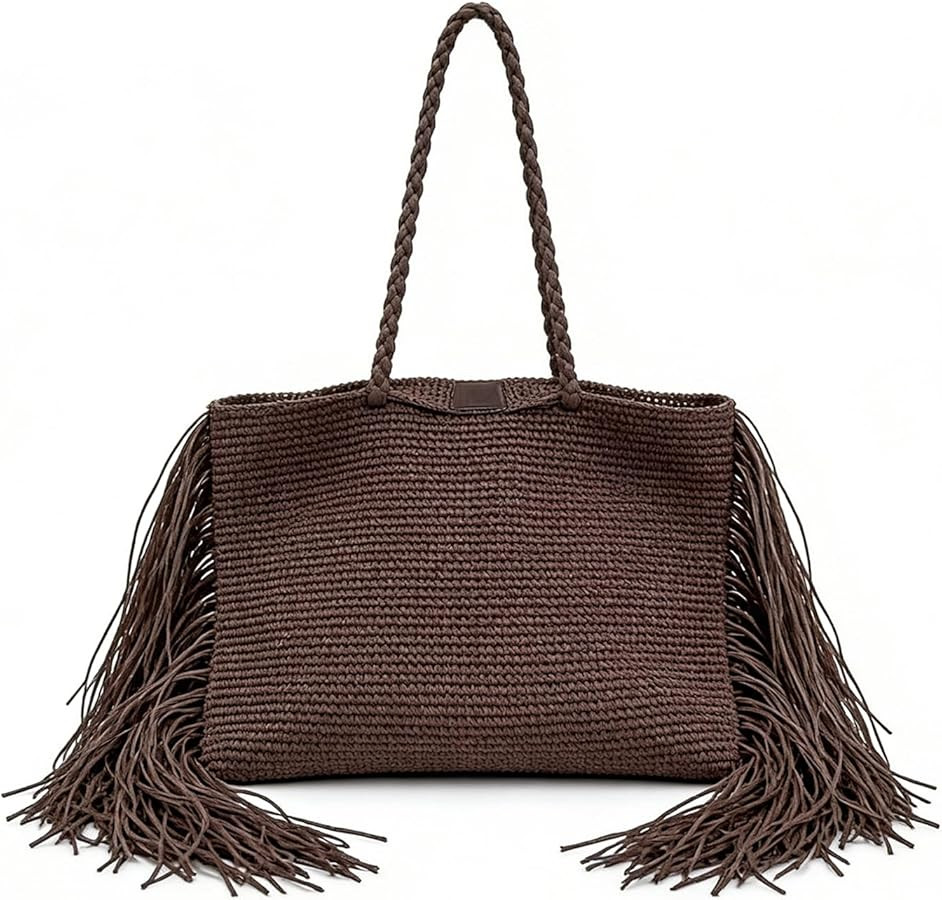 Fringe Bag Tassel Straw Side Fringe Trim Boho Slouchy Handbag Large Summer Beach Shopping Woven T... | Amazon (US)