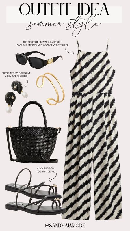 Chic summer style | black and white summer outfit | black striped jumpsuit | black wicker handbag | designer inspired sunglasses | shell earrings | black strappy sandals with gold toe ring | dainty gold bangle bracelet | Amazon finds | Amazon designer inspired sunglasses 

#LTKFindsUnder100 #LTKSeasonal #LTKStyleTip