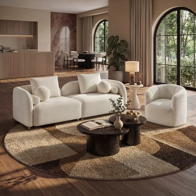 2 Piece Modern Couch Set, Curved Sofa & Swivel Accent Chair, Boucle Cloud Sofa with Solid Wood Legs & Pillows for Living Room, White - Morden Fort | Target
