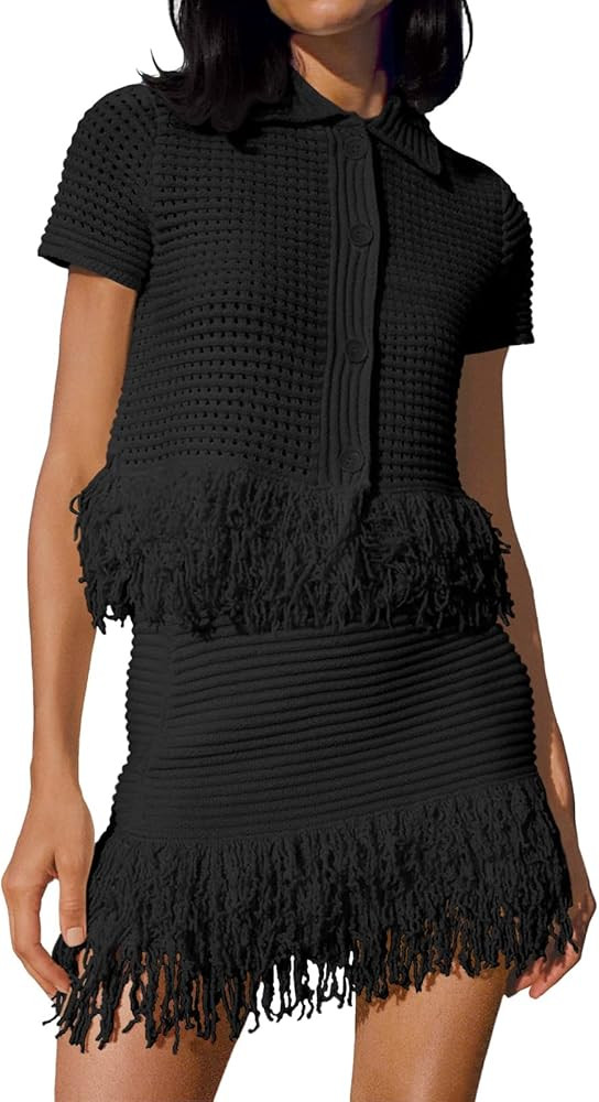 Fisoew Womens 2 Piece Crochet Outfits Short Sleeve Button Knit Sweater Tops Fringe Skirt Summer V... | Amazon (US)