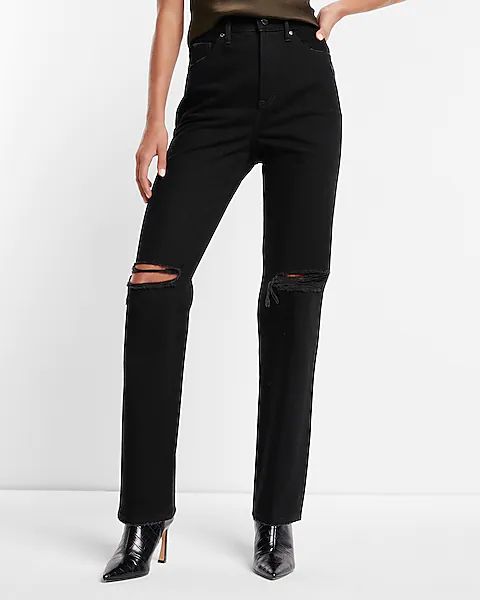 Super High Waisted Black Rinse Ripped Modern Straight Jeans | Express (Pmt Risk)