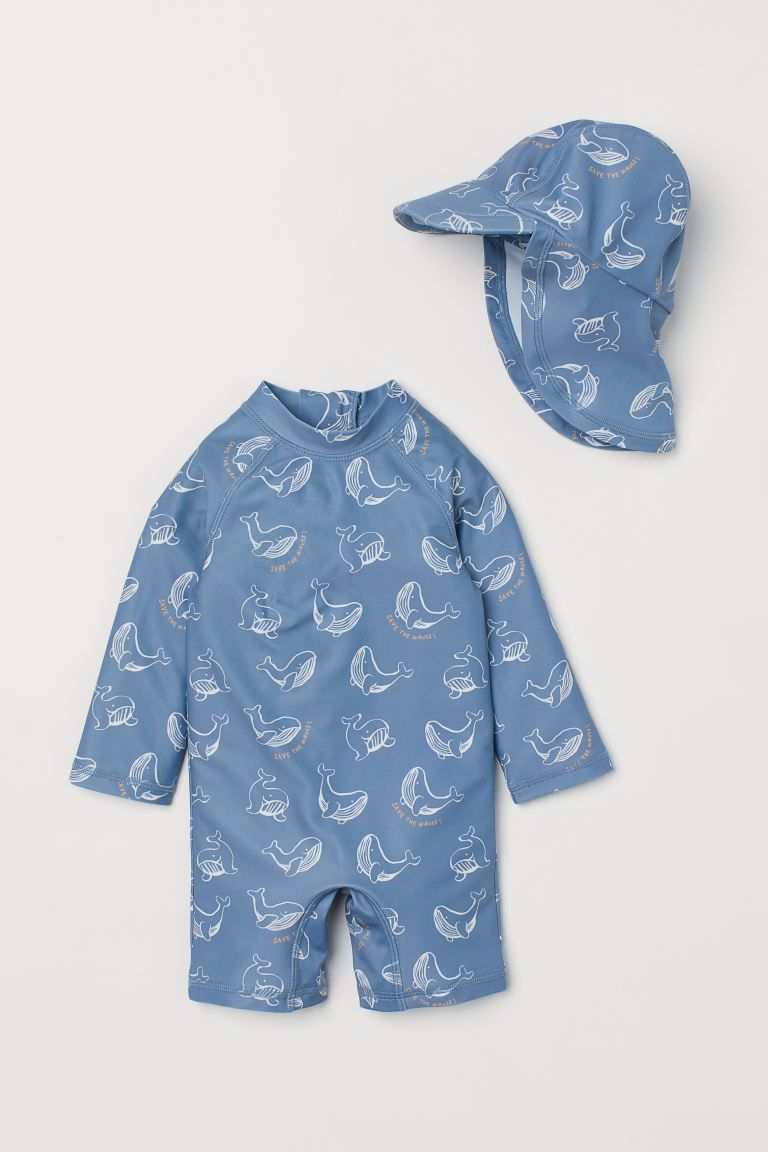 Surf suit and matching swim cap in UV-protective material with a printed pattern. Surf suit with ... | H&M (US + CA)