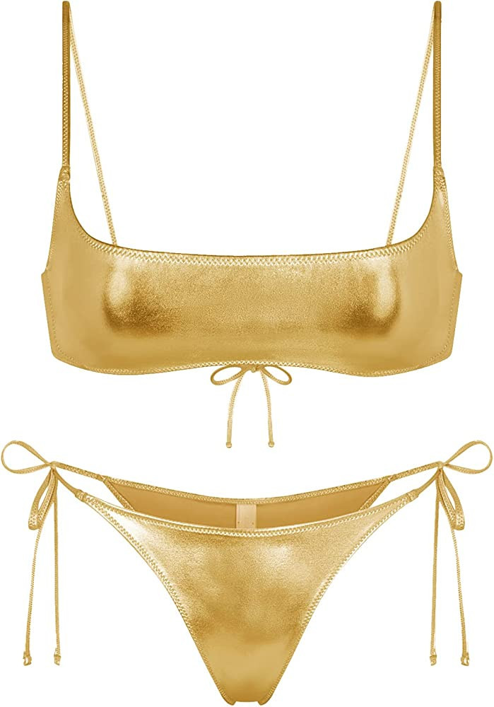 Womens Metallic Bikini Sets - Sexy Retro Shiny Swimsuit Rave Outfit Micro Scoop Top Tie Side Thon... | Amazon (US)