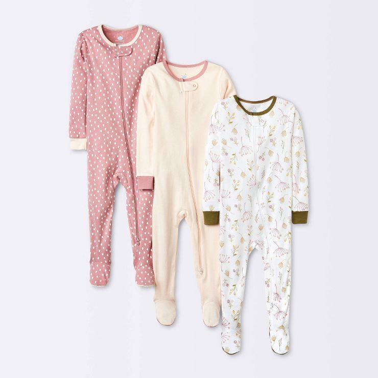 Baby Girls' 3pk Prairie Floral Tight Fit Zip-Up Sleep N' Play - Cloud Island™ Pink | Target