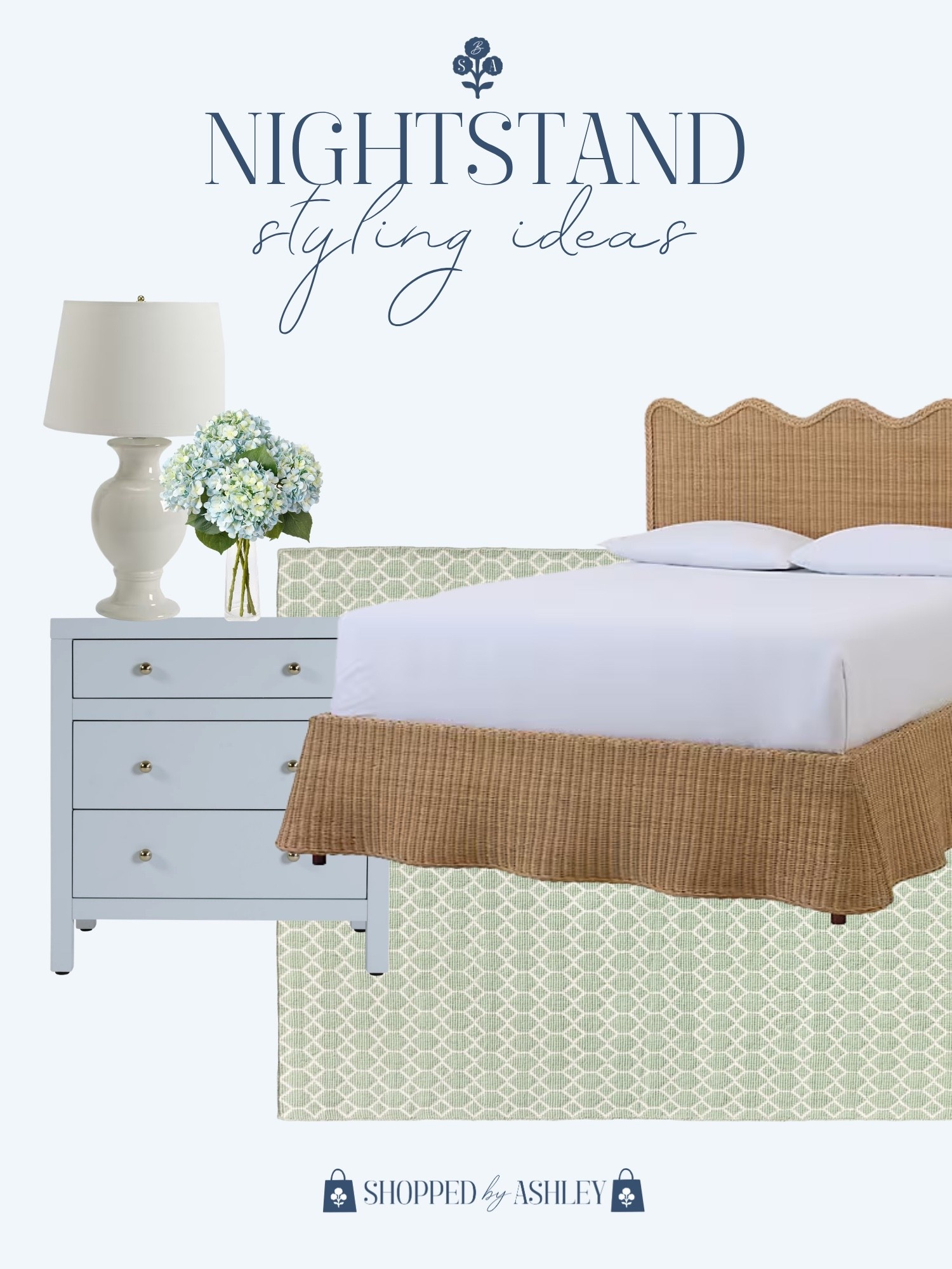 Blue and bedroom decor! 

Nightstand styling, simple decor, classic style, rattan bed, Ballard designs style, green bedroom rug, blue nightstand, Grandmillennial decor

#LTKHome