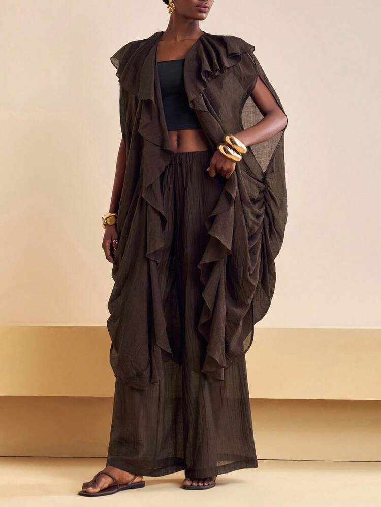 Zivah 20 Autumn New Arrival, Suitable For Birthday Party, Party, Banquet, Back To School Season, College Style, Student Wear, Daily Outing, Basic Versatile, Casual, Cruise Travel, Fashionable, Streetwear, Elegant, Commute, Business Casual, Loose Sleeveless Side Slit Asymmetrical Hem Poncho Top Paired With Wide Leg Pants With Pockets, Red Brown Vertical Striped Textured Fabric, Women 2-Piece Set, Autumn Festival | SHEIN