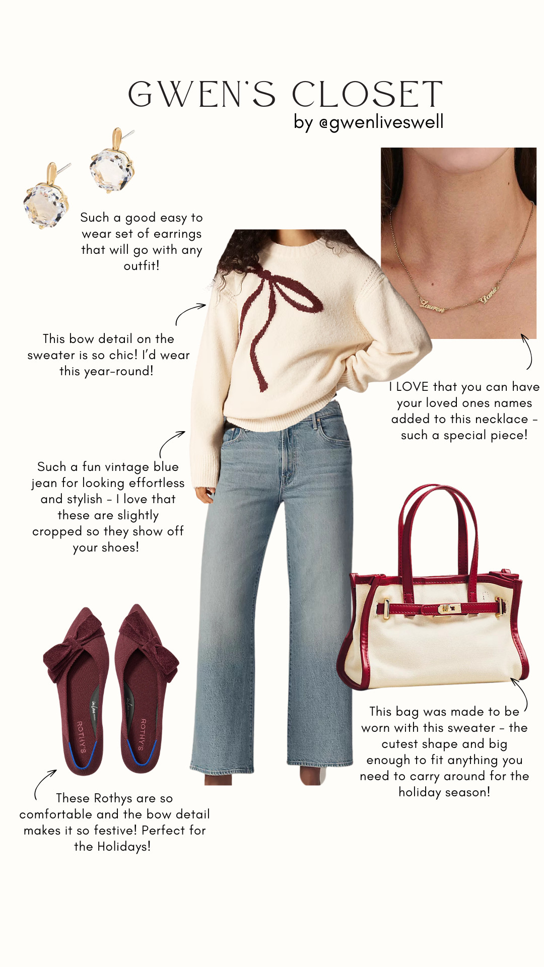 This is one of my favorite looks for Hanukkah, Shabbat dinners, and cozy winter gatherings 🤍🕯️ Festive without feeling overdone — comfortable, chic, and easy to rewear all season long.

The bow-detail sweater adds the perfect holiday touch, paired with vintage-style straight-leg jeans that feel effortless and flattering. I finished the look with my go-to Rothy’s (so comfortable for hosting or long dinners), a festive red-and-cream tote that fits everything, and classic earrings you can wear with literally any outfit. The personalized name necklace makes it extra meaningful — such a beautiful gift idea, too.

If you’re looking for a polished Hanukkah outfit, Shabbat look, or winter holiday outfit that’s equal parts practical and special, this one checks all the boxes. Tap to shop the full look on LTK and save this for holiday style inspiration ✨🛍️ 

 #HanukkahOutfit #ShabbatStyle #JewishHolidayStyle #HolidayOutfitIdeas #WinterStyle #GwenLivesWell #LTKHoliday #LTKStyle #FestiveFashion #Rothys #HolidaySweater #PersonalizedJewelry #ShopLTK #LTKFinds #LTKHoliday #LTKootd #LTKOver40